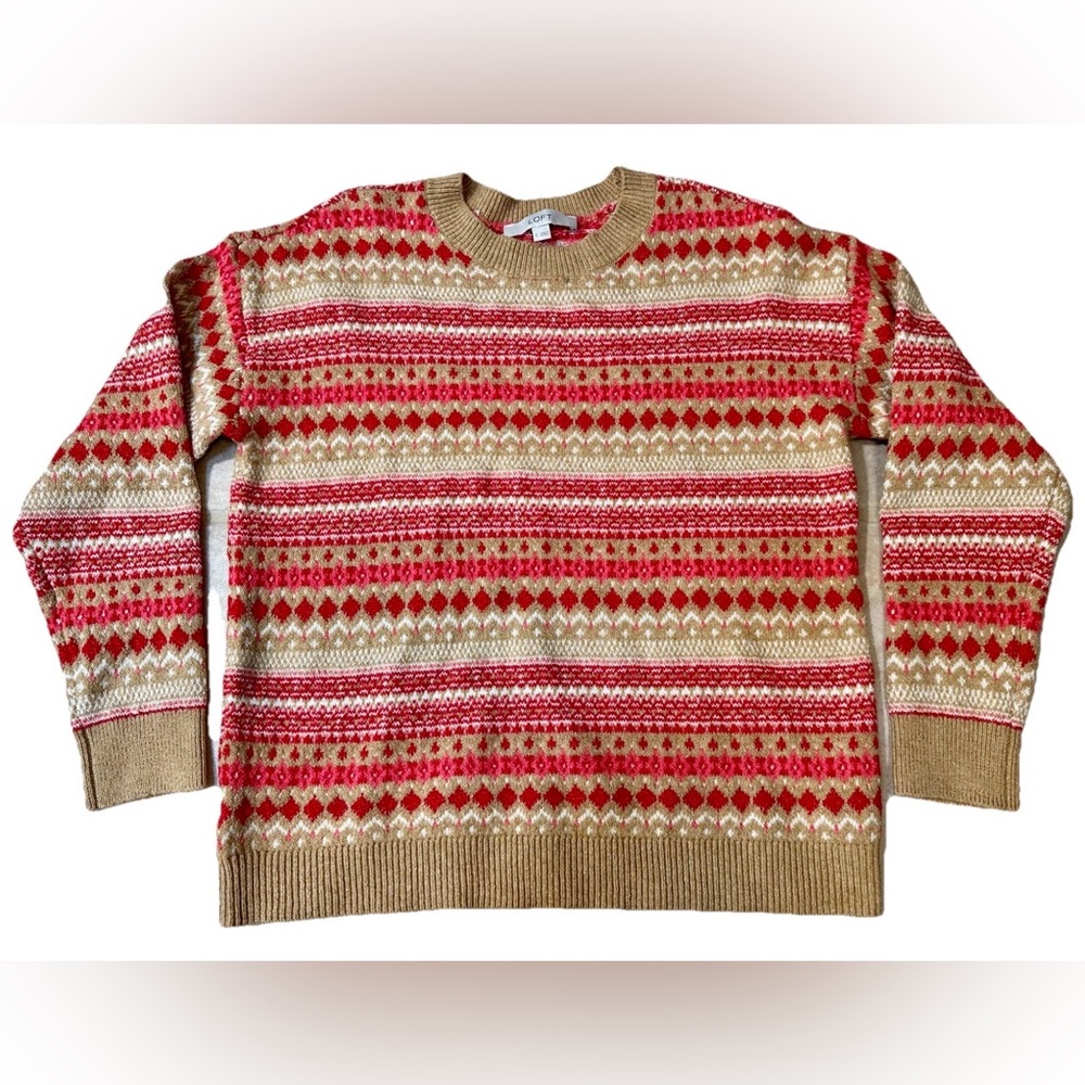 Ann Taylor Loft Fair Isle Cotton Blend Sweater S Crew Neck Tan Pink Red Classic